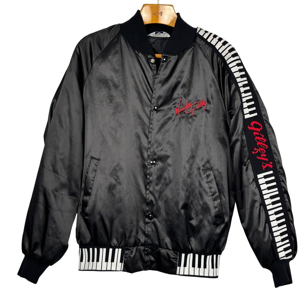 Vintage WestArk Mickey Gilley Gilleys Piano Satin Bomber Jacket Black Mens L USA